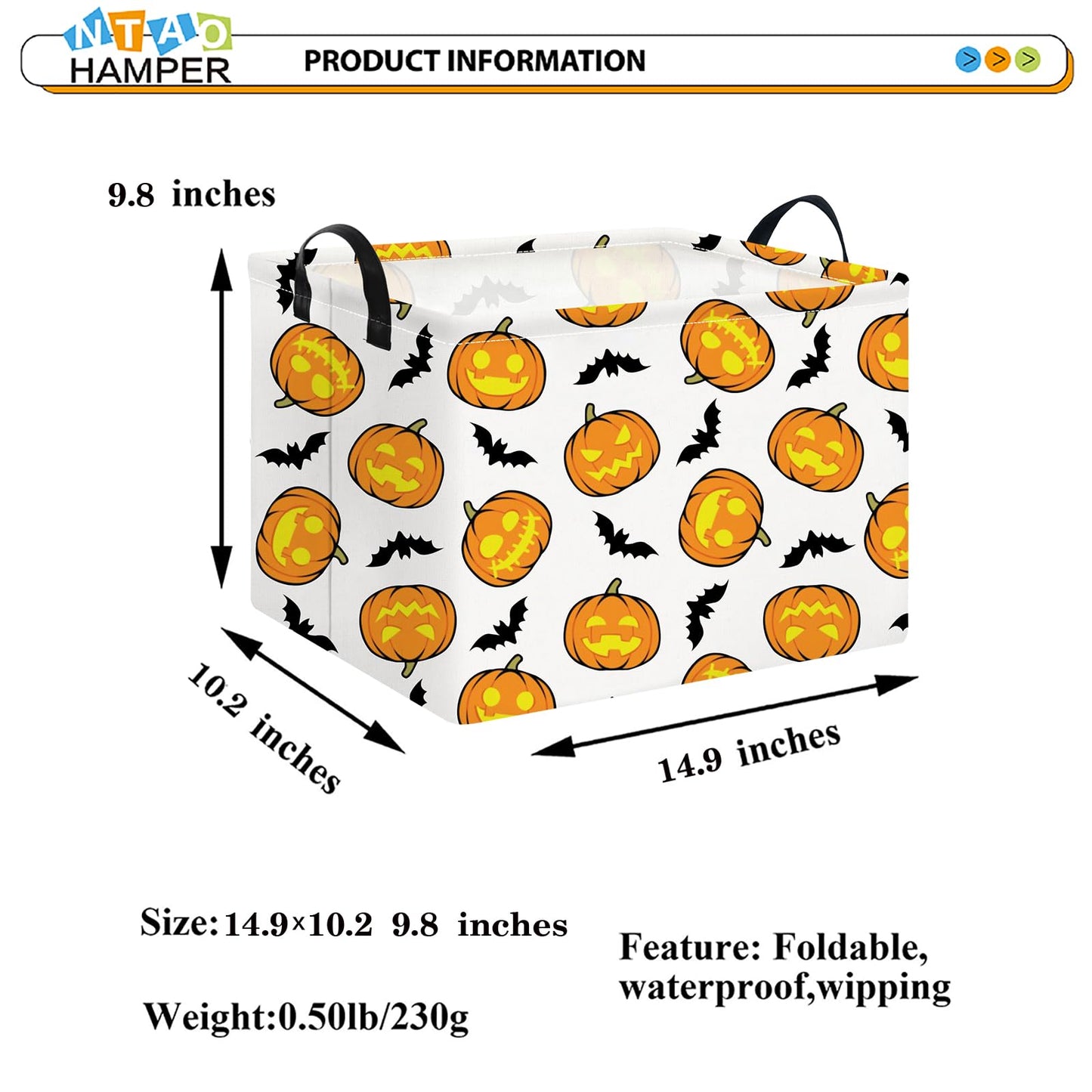 NTAOHAMPER Rectangular Storage Basket Empty, Storage Bin with Handles, Room Decor, Gift Basket, Book Box(Pumpkin Halloween)