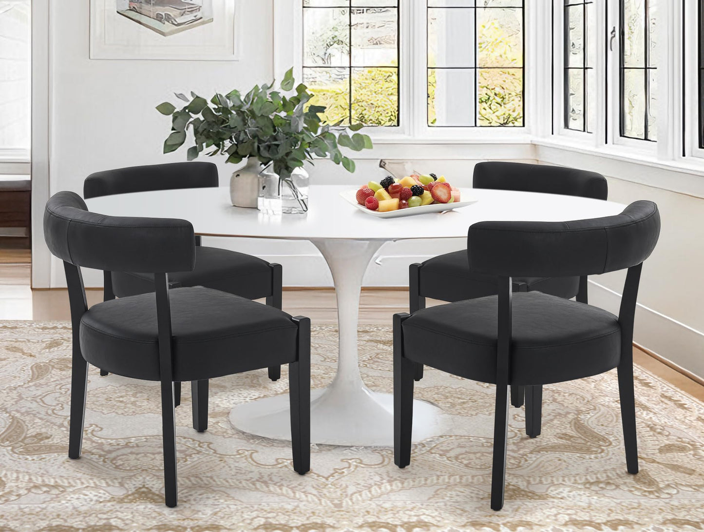 RNKSFX Faux Leather Dining Chairs Set of 4 Upholstered Kitchen & Dining Room Wooden Chairs Mid Century Modern Dining Chairs Low Back, Black