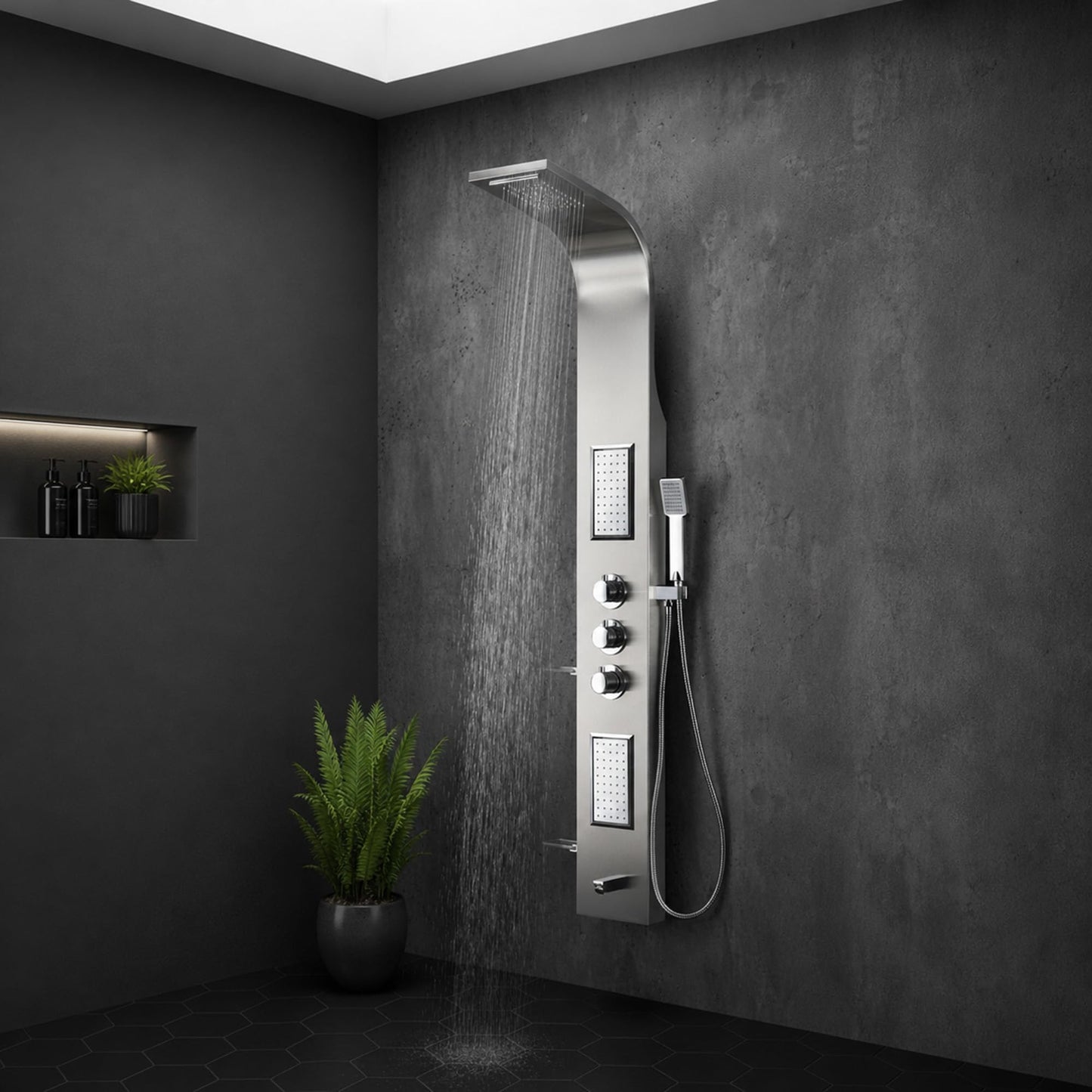 ANZZI Shower Panel Tower, Field 58 inch Long Turbo High Pressure Shower Head and Detachable Handheld Spray Rainfall Shower Panel in Brushed Steel, Rain Shower 1.8 gpm 2 Body Jets Combo (SP-AZ042)