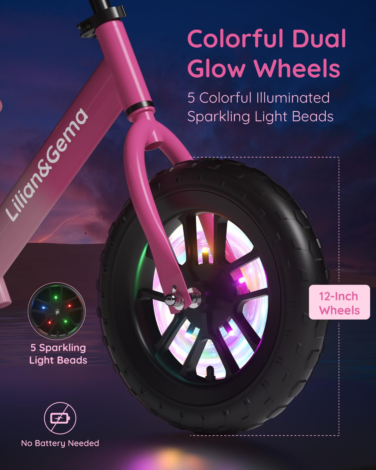 Lilian&Gema Toddler Balance Bike Colorful Lighting, 12'' Kids Balance Bike for 2-5 Years Old with Adjustable Seat & Handlebar, Toddler Gift Bike Suitable for Boys and Girls Ages 2 3 4 5, Pink