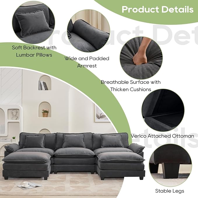Oprisen 120" Modular Sectional Sofa, Comfy Cloud Couch Sectional Sofa with Ottoman, Chenille Sofa Sleeper Deep Seat Sofa with Throw Pillows for Living Room (Blue Gray, 120"- U Shape)