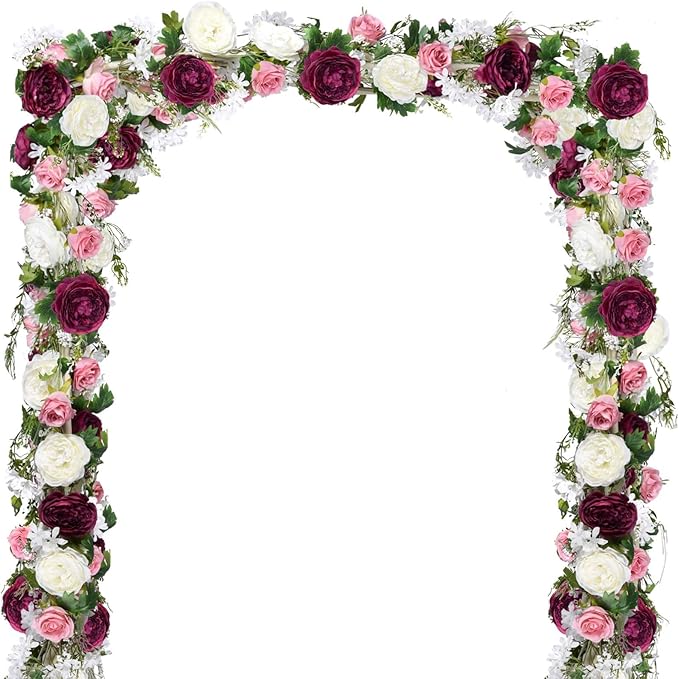 2 Pack Artificial Peony Garland - 6ft Silk Flower Vine Purple and White Roses for Wedding Arch Party Table Decor