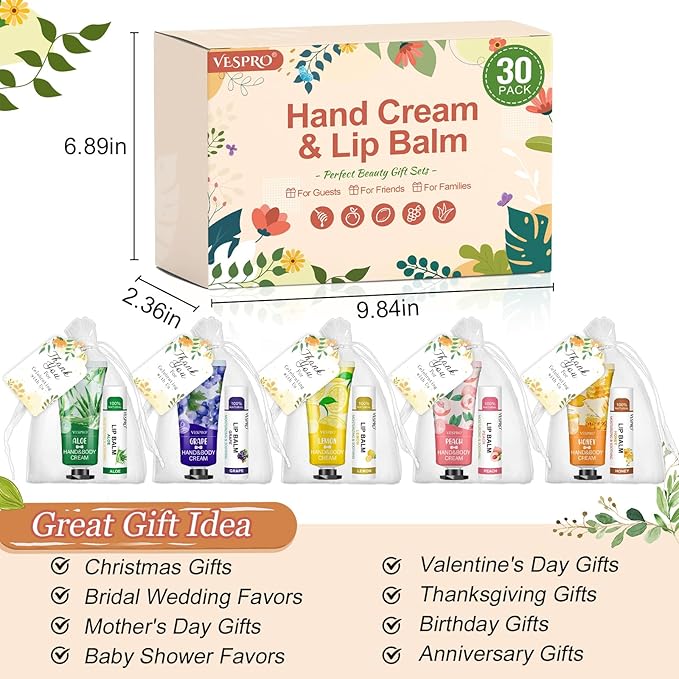 30 Pack Bulk Hand Cream and Bulk Lip Balm Sets, Valentines Day Gifts, Wedding Favors for Guests with Thank You Card and Organza Bags, Mothers Day Gifts, Teacher Appreciation Gift and Nurse Gift