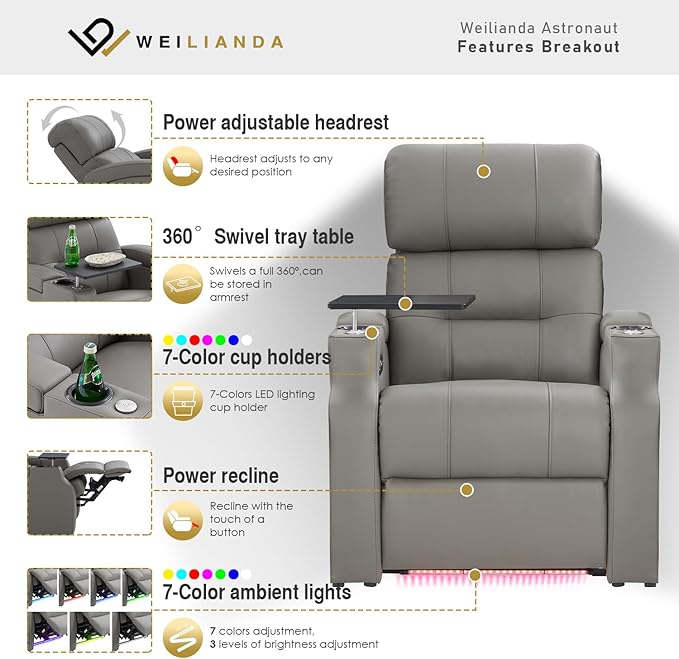 Weilianda Home Theater Seating, Top Grain Leather Sectional Seats Recliner Chair, Zero Gravity Reclining Sofa with Power Headrest 7 Colors Ambient Lighting USB C Charge Row of 5 Grey