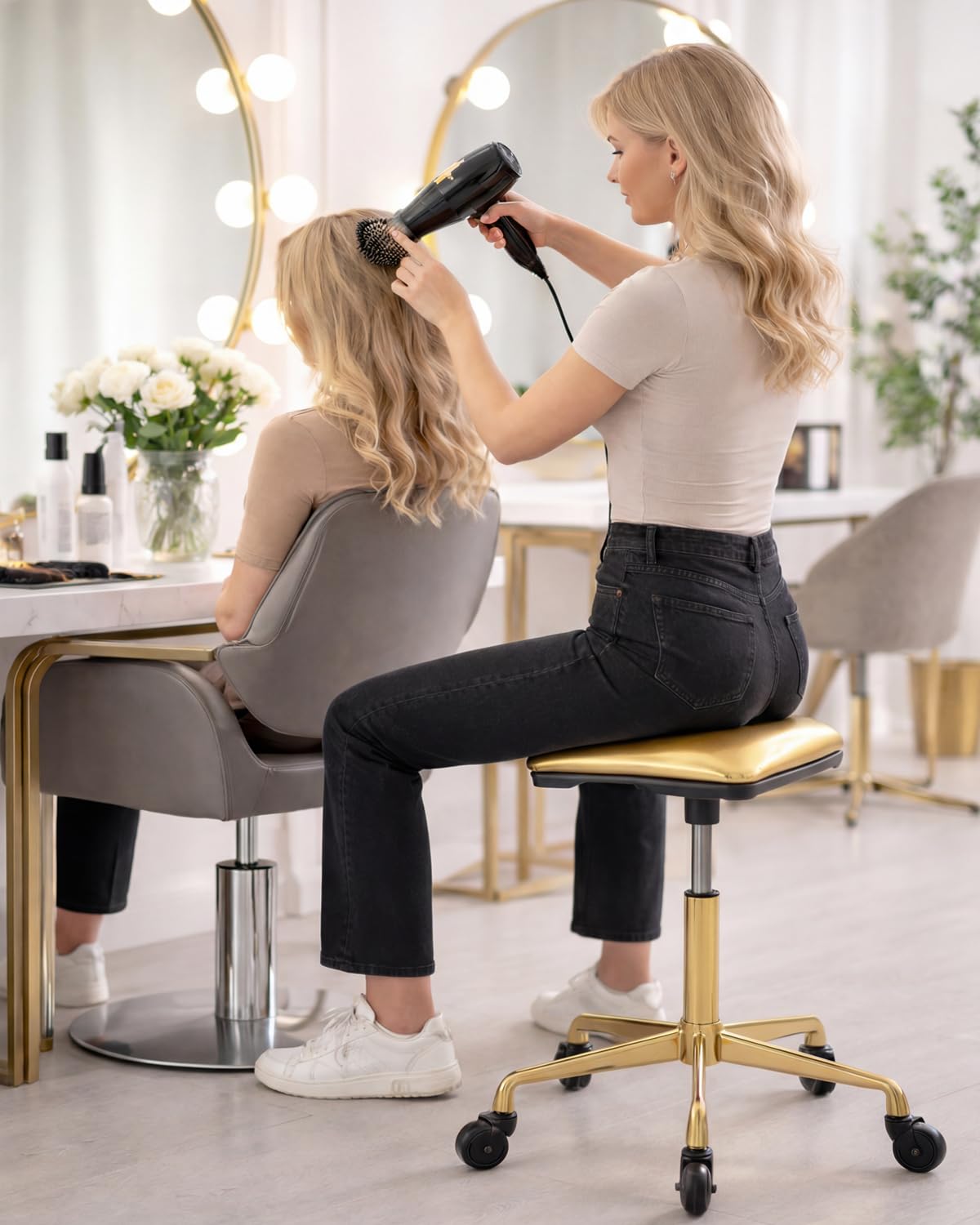 Towning Stool Chair with Ultra-Quiet Wheels, Rolling Salon Stool with Adjustable Height, 360 Degree Swivel Ergonomic Chair for Hair Stylist, Clinic, Massage, Office, Home (Gold)