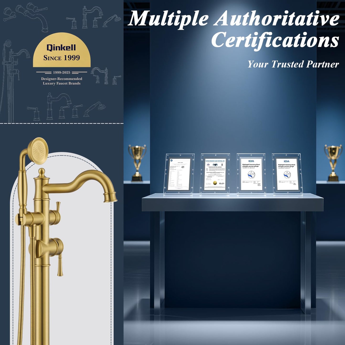 Free Standing Tub Faucet, Qinkell Classic Elegant Gooseneck Freestanding Bathtub Faucet with Sprayer Brass Luxury Floor Mount Bath Faucets High Flow Roman Tub Filler, Brushed Gold (QC-202511BG)