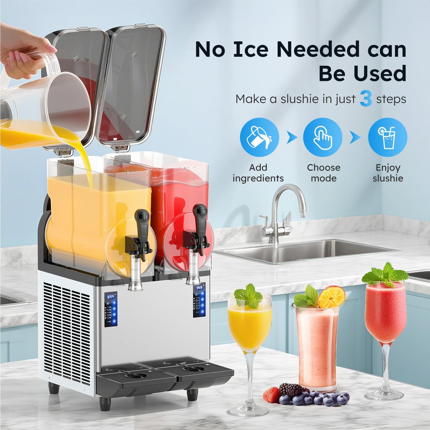 30L 110V Commercial Slushy Machine-5 Modes, Commercial Slushie Machine with LED Light, Stainless Steel Margarita Slushie Maker, 5 Presets for Margaritas, Cocktails, Frappés, Smoothies, Milkshakes