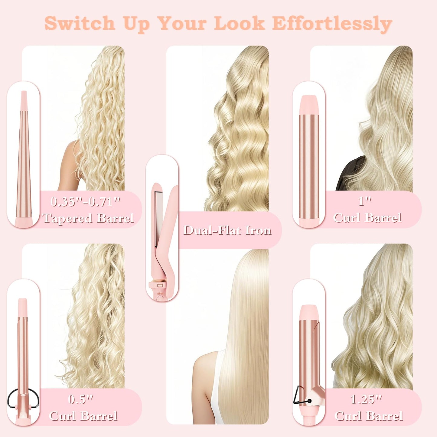 Ufree 5 in 1 Curling Iron with Ceramic Barrels (0.35-1.25), Curling Wand Set with Flat Iron Hair Straightener, Instant Heat Up,