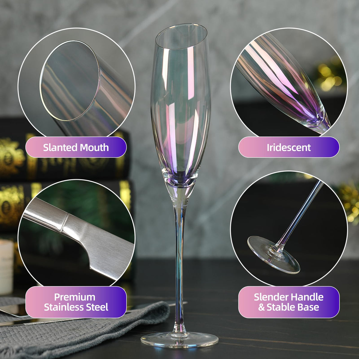 DORELINA Bride and Groom Champagne Glasses Set of 2,Wedding Gifts for Couples 2025, Iridescent Crystal Wedding Champange Flutes and Cake Server Sets Engagement Newlyweds-6oz