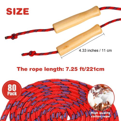 Lenwen 80 Pcs Jump Rope Bulk 7.25 ft Cotton Skipping Rope Adjustable with Wooden Handle for Training Outdoor Exercise Christian Charity Donation Operation Christmas Supplies