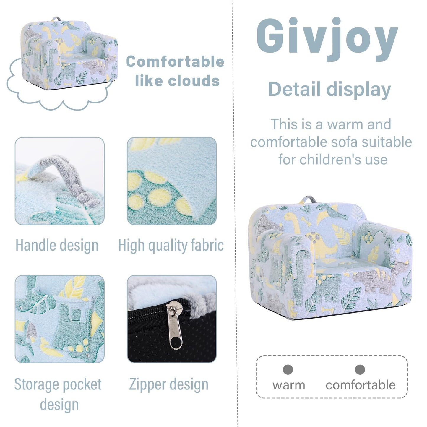 Toddler Chair Plush Kids Couch, Comfy Glow in The Dark Armchair with Removable and Washable Cover Carrying Handle Kids Sofa, Convertible Reading Chair Toddler Couch for Girls and Boys