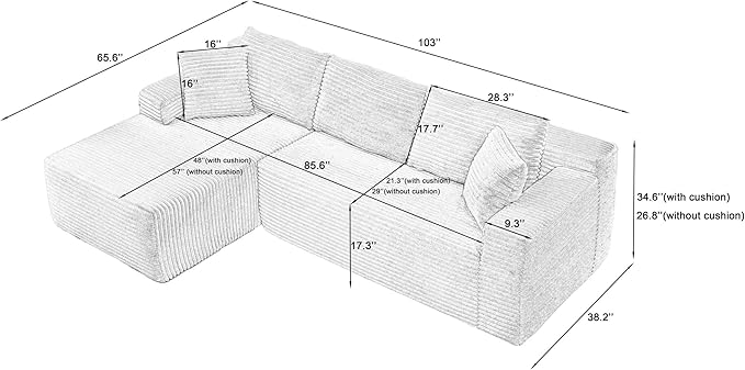 Vanress Cloud Couch Sectional, Corduroy Boneless Couch with L-Shape Chaise, Modern Modular Sectional Sofa Comfy Deep Seat for Living Room, Bedroom, No Assembly (Dark Grey, Left Facing Chaise)