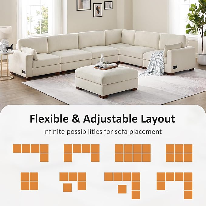VANOMi Large Modular Sectional Sofa, Oversized Couch with Charging Station, Cloud Couch Deep Seat Sofa with Thick Cushion, Convertible Sectional Couches for Living Room Office Apartment