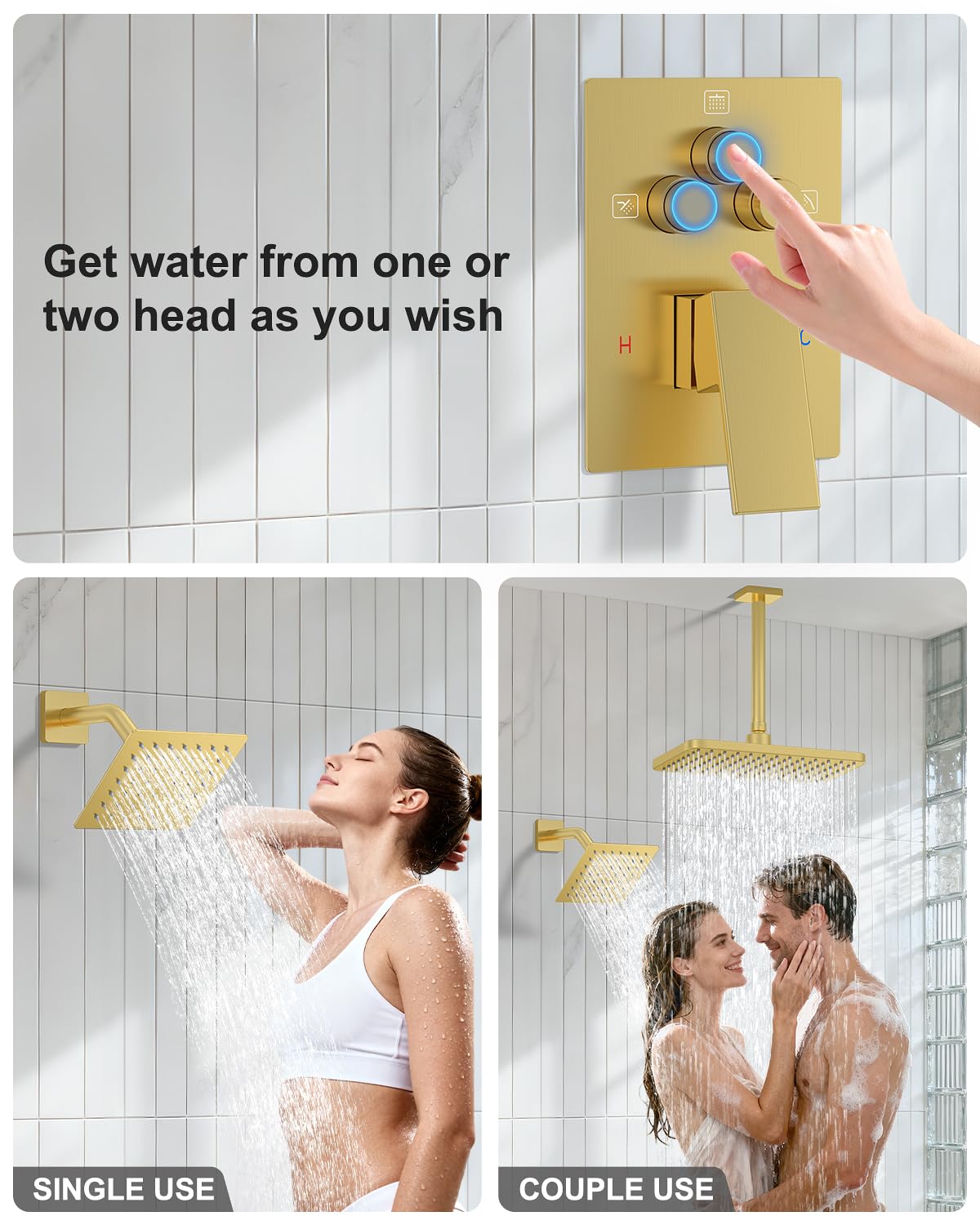 KOJOX Brushed Gold Dual Shower Head System – 11" Ceiling Rainfall + 6" Wall Mount Heads, 6-Mode Handheld Spray, Push-Button Diverter Faucet Set