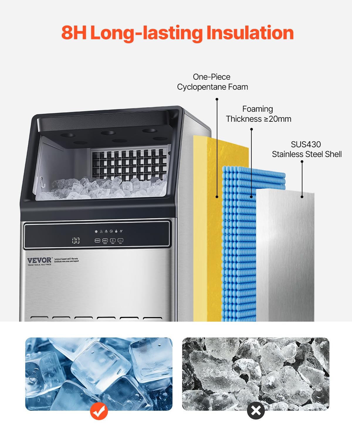 Vevor 120Lbs/24H Commercial Ice Maker Machine With Drain Pump, 33Lbs Storage Capacity Ice Maker, 55 Ice Cubes In 15 Minutes, Led