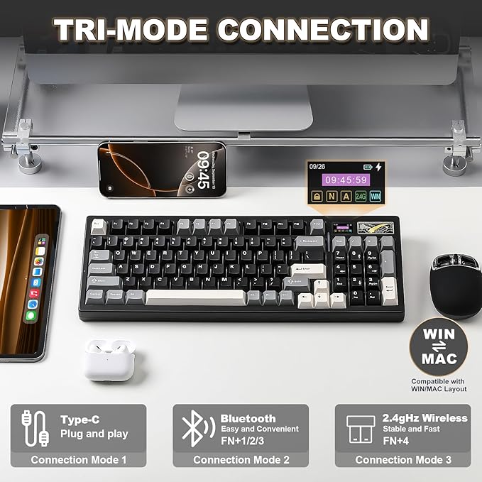 YUNZII IF99 Wireless Mechanical Gaming Keyboard with Smart LCD Display, QMK/VIA Programmable BT/2.4G/USB-C Gasket Mounted Hot Swap RGB 96% Layout for Mac/Win (Black, Gateron Zero Switch)