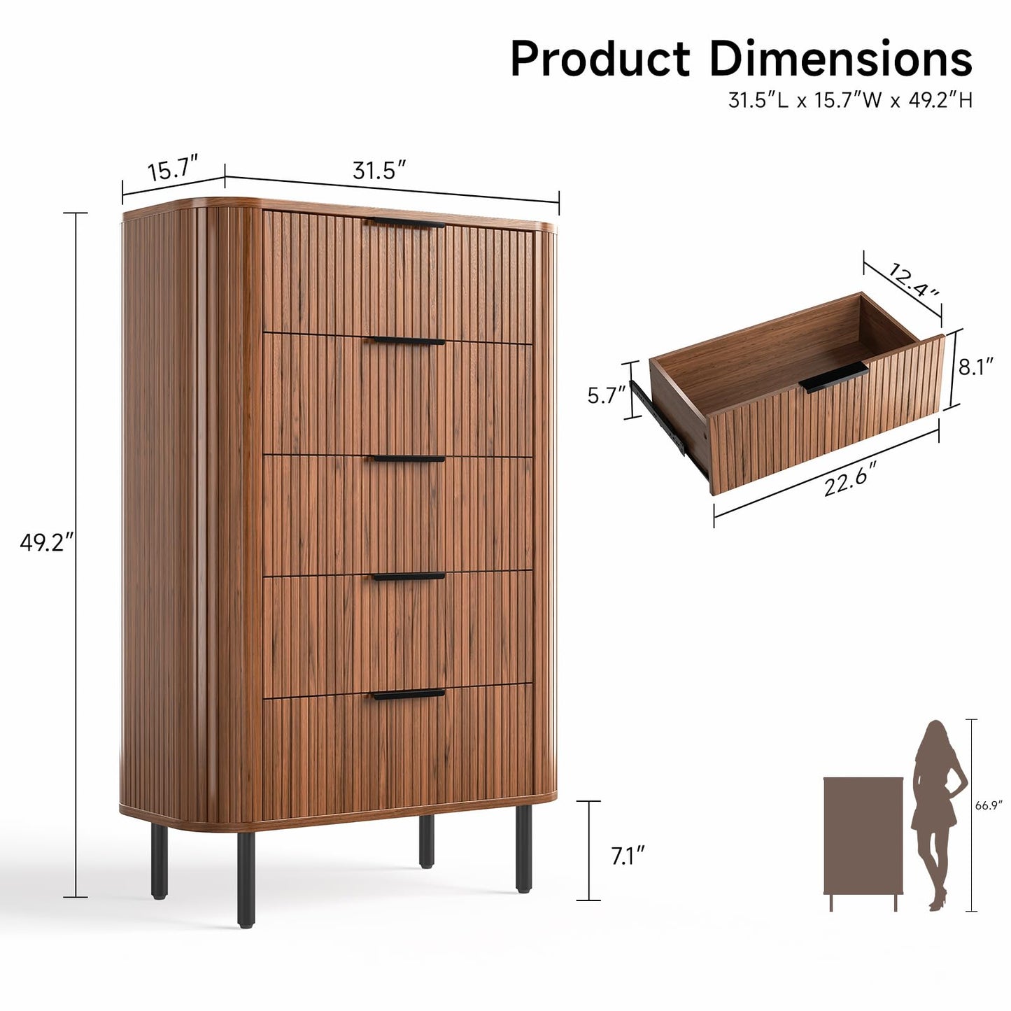 ONBRILL Fluted Dresser for Bedroom with 5 Drawers, 32 inch Chest of Drawers, Mid Century Modern Tall Dressers with Curved Profile Design for Closet, Wood TV Stand for Living Room, Hallway, Walnut