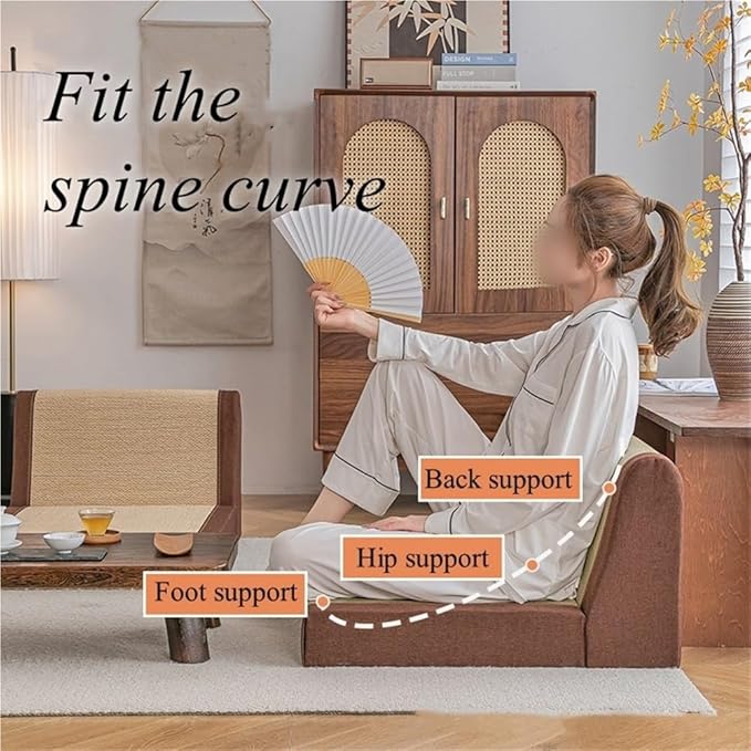 Floor Chair with Back Support, Bamboo Low Meditation Chair, Tatami Chair with Soft Cushion, Versatile Legless Chair for Living Room, Bedroom, Bay Window(Brown)