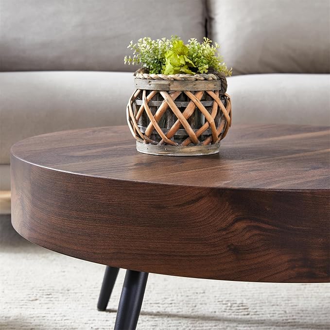 LKTART Coffee Table for Living Room, Round Wood Coffee Tables with Storage, Modern Metal Accent Center Tea Table for Apartment Small Space (31Inch-Walnut)