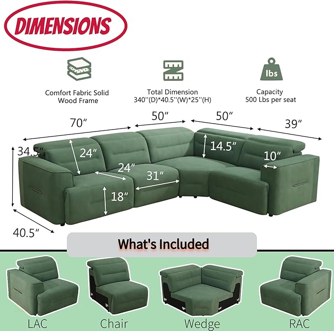 Power Recliner Sectional Sofa Set with USB Ports, Flannel Recliner Sofa Set with Adjustable Headrest, Reclining Sectional Couches, L-Shaped Living Room Furniture Set (Green, 4-Seater)