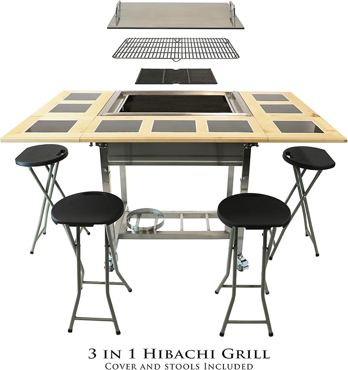My Hibachi BBQ 3-in-1 Sit Around Grill with Flat Top Teppanyaki Griddle, BBQ Rack and Cast Iron Grill - Propane Gas and St...