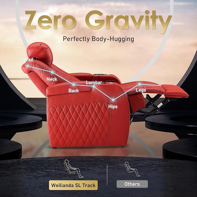 Weilianda Home Theater Seating Top Grain Leather Zero Gravity Recliner Chair Power Headrest Recline Movie Seat Gaming 7 Colors Mood Light Sofa with Tray Table USB Charge Row of 4 Loveseat Right Red