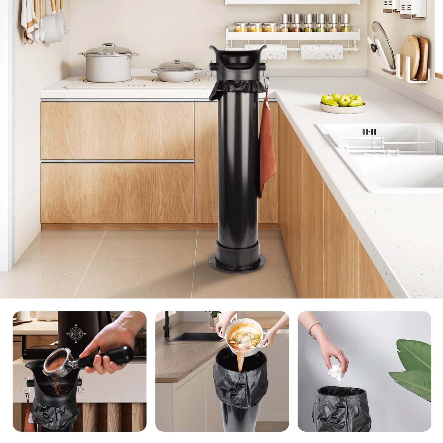 Cymexis Knock Box for Espresso Grounds, 18L Floor Standing Grounds Bucket with Towel and Garbage Bags for Barista Coffee Shop Bar,Coffee Knock Box for Barista Shop Bar (A)