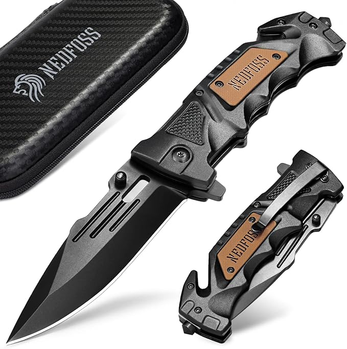 NedFoss Pocket Folding Knife DA75, 3 in 1 Pocket Knife for Men, Survival Knife with Liner-Lock Belt Clip, Seat Belt Cutte...