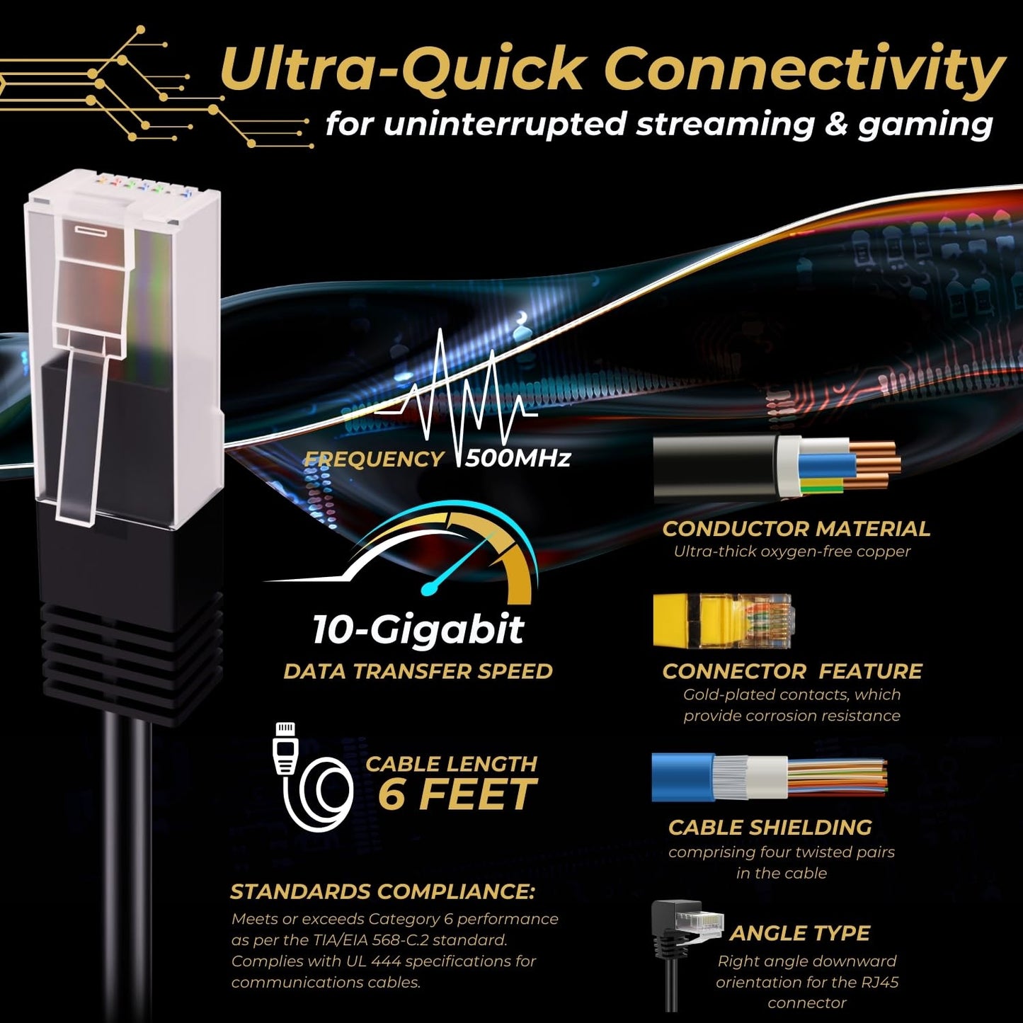 Tnp Cat6 Ethernet Cable (Right Angle Down, 6 Ft) - Rj45 90 Degree Network Connector 500 Mhz 10 Gigabit Gold Plated Patch Plug Wi