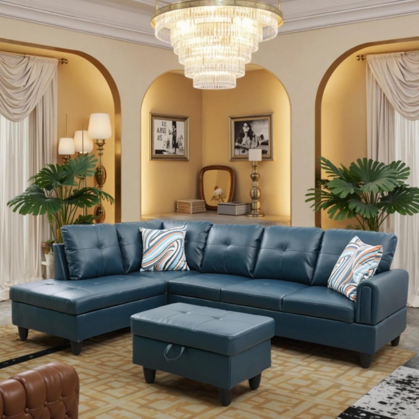 Trygoal L Shaped Couch Sectional Couches with Chaise and Storage Ottoman, 3 Pieces Modular Convertible Sofa for Living Room Furniture Sets and Small Apartment Faux Leather, Grey Blue