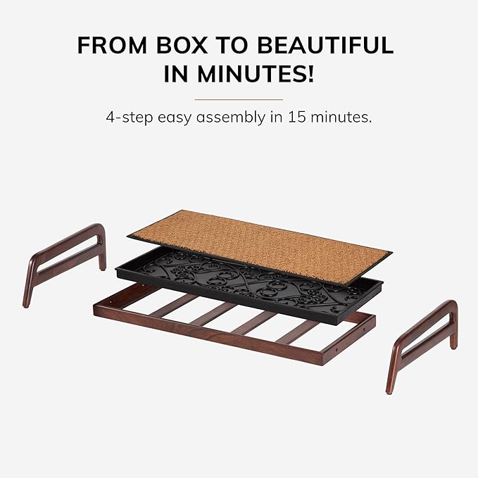 Anji Mountain Heavy Duty Waterproof Wooden Shoe Storage Mat Organizer/Boot Storage Tray Multi Use for Entryway with Coir, Black and Ivory Diamond Insert, 1 Tier, Fits 3 Pair (36.5" Wide)