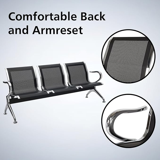 kinbor Waiting Room Chairs - Durable Black Reception Bench with Armrests, 5-Seat Office Reception Guest Chairs for Office, Hospital, Airport, Bank & Lobby