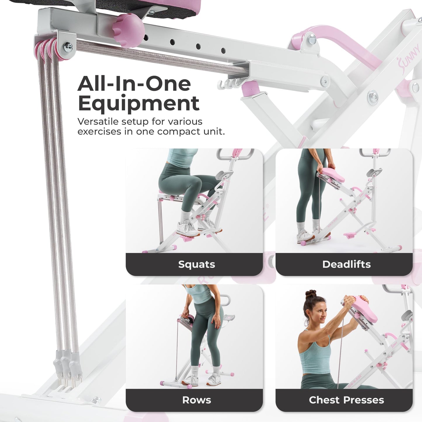 Sunny Health & Fitness Pink Row-N-Ride Plus, Squat Assist Trainer for Glutes and Full Body Workout, 330 LB Capacity, Adjustable Resistance, Padded Seat, and Free Access to SunnyFit App - P2100SMART
