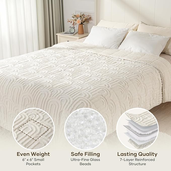 Cottonblue Weighted Blanket for Adults 15 lbs Twin Size, Soft Fluffy Sherpa Fleece Jacquard Weighted Throw Blankets 48" x 72" for Sleep Relax, Fuzzy Warm Arch Heavy Blanket for Bed Couch, Cream White