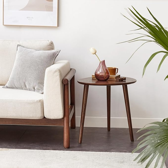 Vadisun Small Oval Coffee Table, 25.6'' Small Mid Century Modern End Table for Living Room, 100% Solid Oak Wood Side Table, Minimalist Display Center Table(Walnut Color, 25.59''Wx17.51''Dx19.68''H)