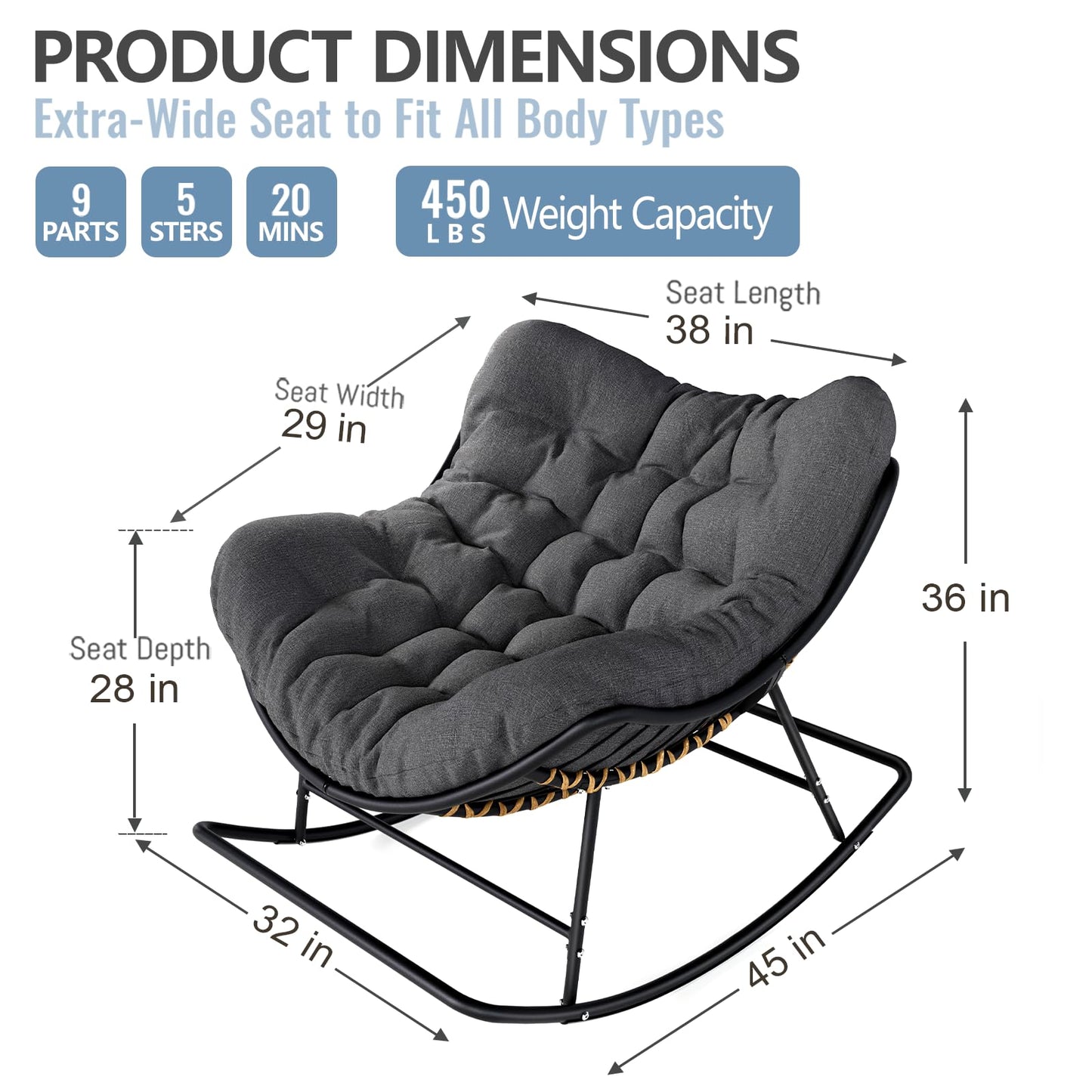 SWITTE Papasan Rocking Chair Outdoor Indoor, Oversized Egg Wicker Rocker with Cushion, Supports 450 lbs, Patio Chair for Balcony or Living Room - Dark Gray