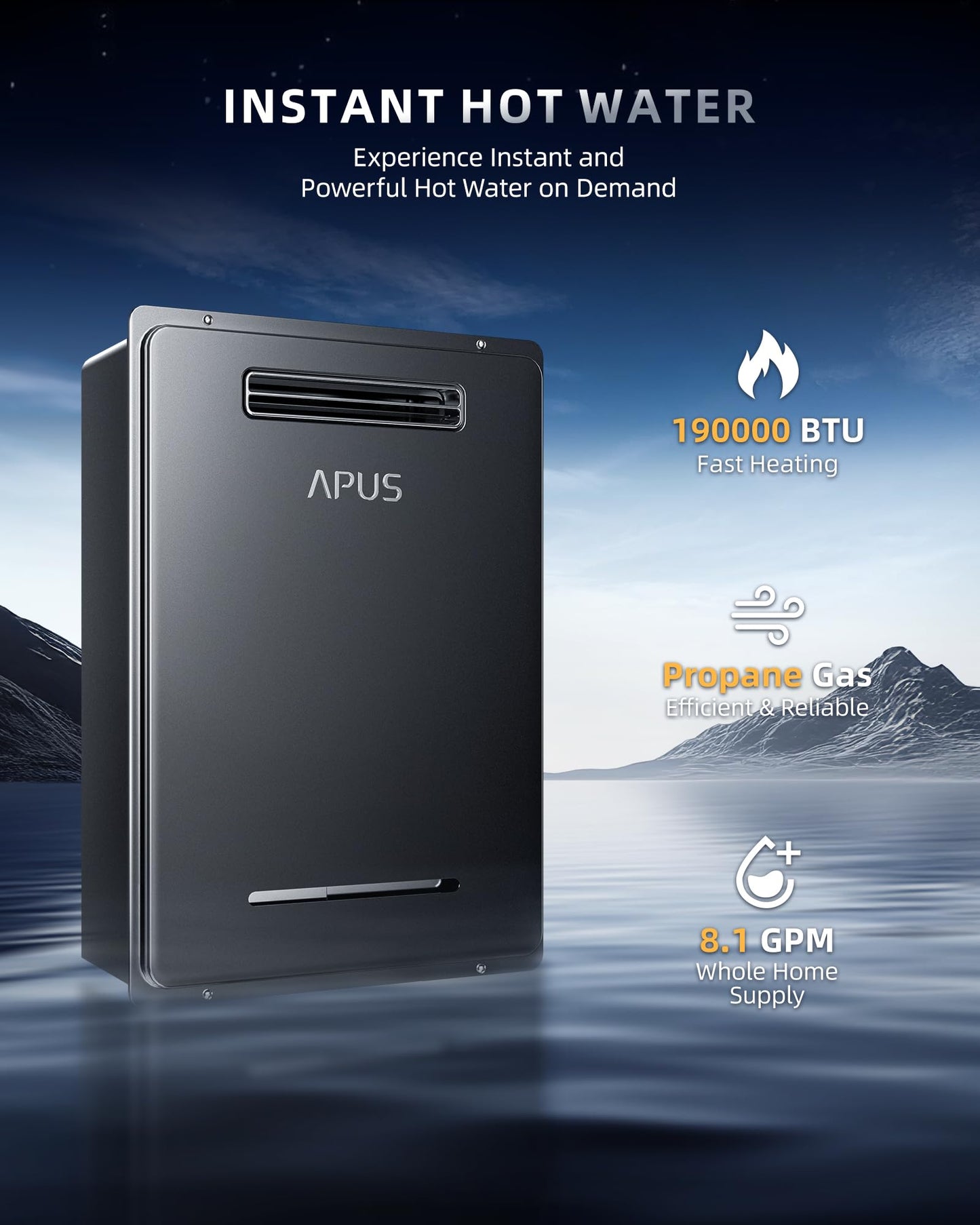 APUS 190,000 BTU Outdoor Tankless Water Heater, 8.1 GPM Propane Instant Hot Water Heater with WiFi & Remote Control, High Efficiency for Supports 5 Outlets