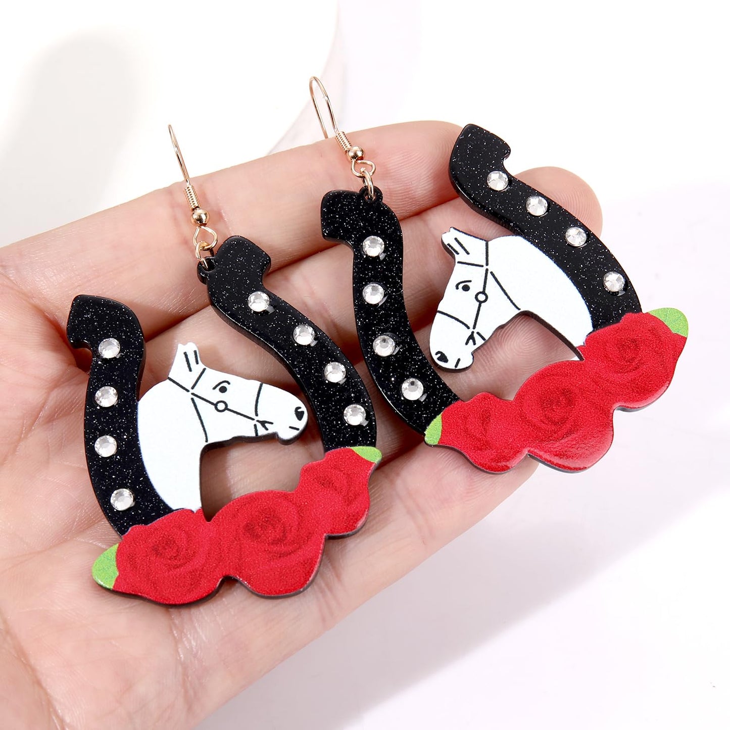 Kentucky Derby Race Horse for Women Glitter Acrylic Rhinestone Horseshoe Rose Drop Dangle Earrings Jewelry Gift for Horse Racing