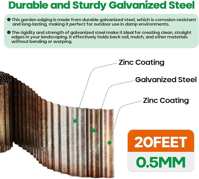 Camitlli Corrugated Metal Garden Edging,Sturdy Tall Landscape Edging Borders with 6pcs Anchor Stakes, Perfect DIY for Flower Beds, Lawn and Pathway,Tree Surrounds,Paver Edges (Pre-Rusted 6"×20FT)