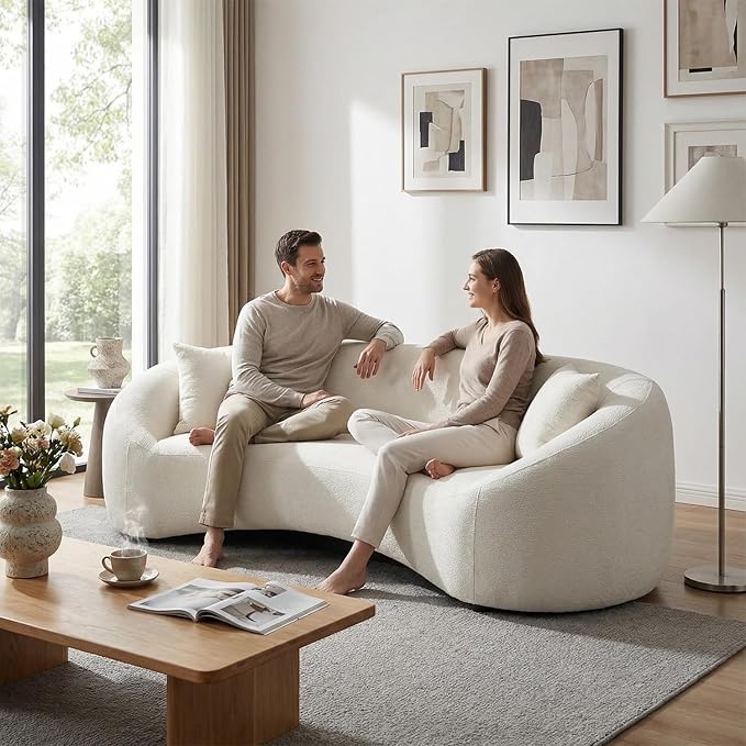 93.31” Modern Curved Sofa,Chenille & Velvet Fabric 3-Seater Couch with Solid Wood Frame,Luxury Cloud Sofa with 2 Throw Pillows,Minimalist Sofas for Living Room,Bedroom,No Assembly Required,White