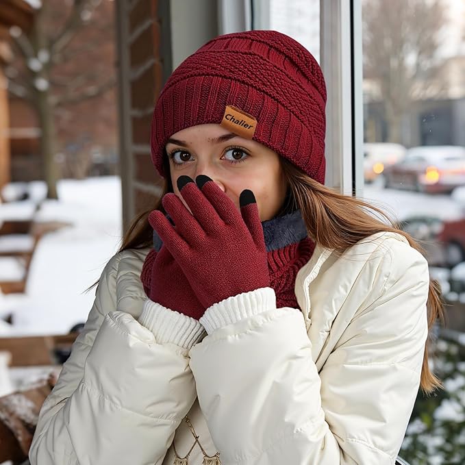 Winter Hats for Women Beanie Hat Warm Thick Knit Skull Cap Hat and Scarf Gloves Sets