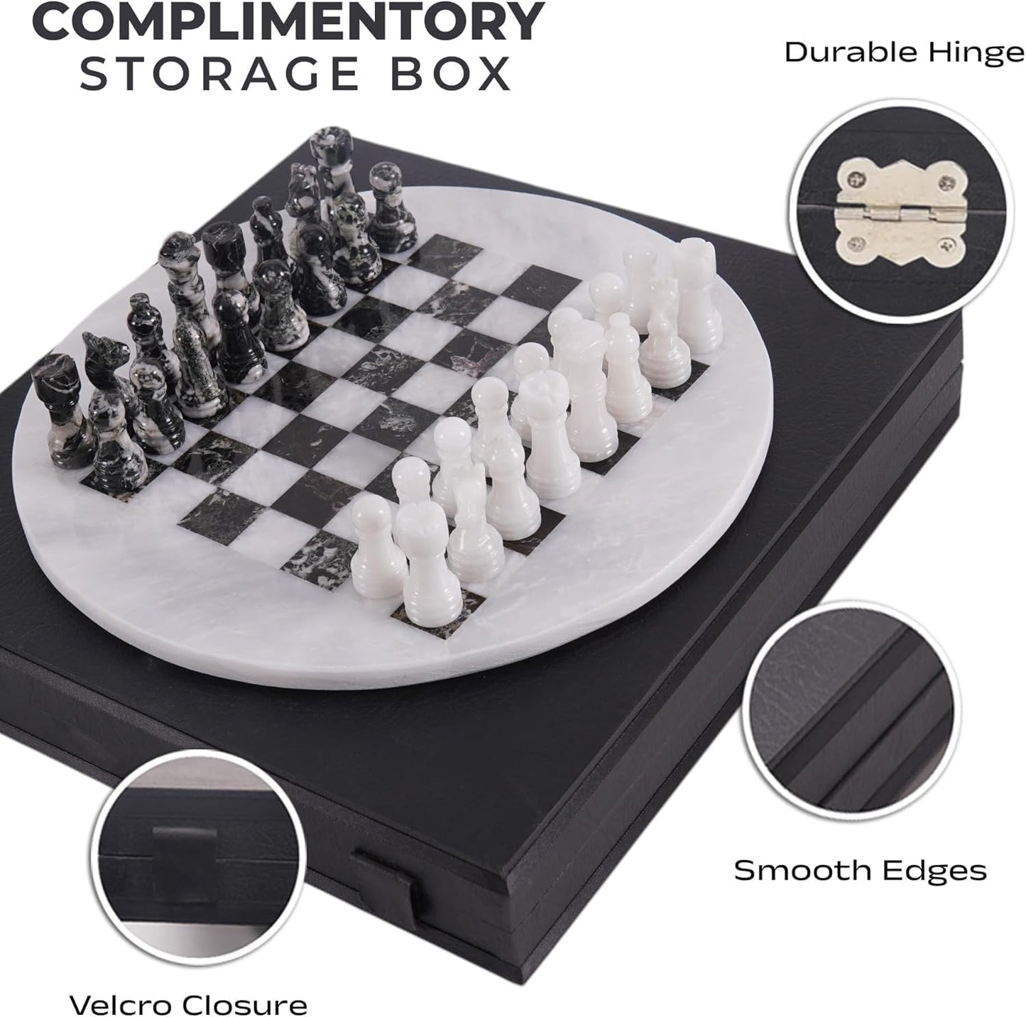 EarthenTones Marble Chess Set for Adults with Complementary Storage Box, 15" White & Black Handmade Chess Board Game, Luxury Board Games for Adults with Extra Queens