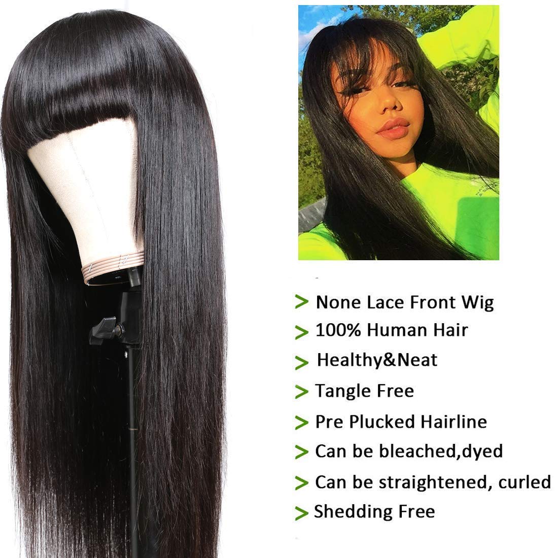 Amella Hair Straight Human Hair Wigs with Bangs 150% Density None Lace Front Wigs Glueless Brazilian Virgin Hair Machine Made Wi