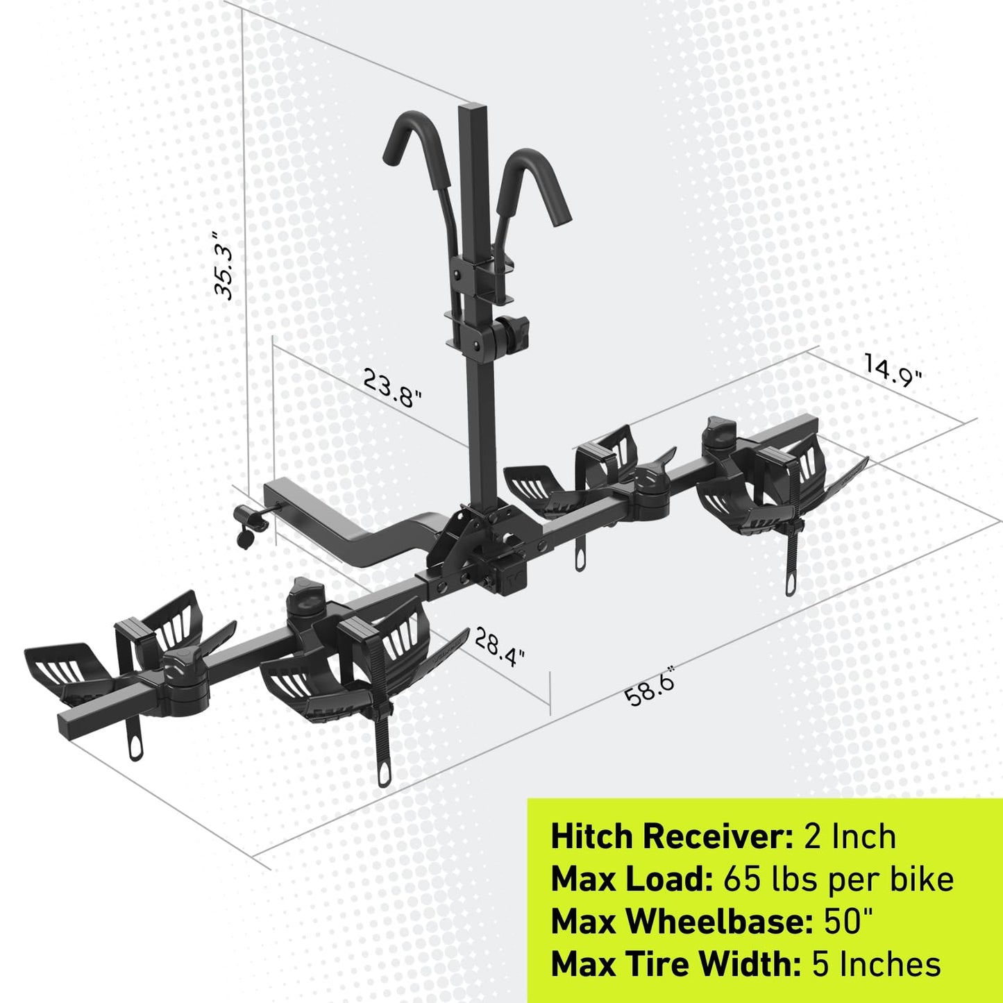 Vibrelli Hitch Bike Rack - 2 Ebike Rack - Fits Fat Tire, Mountain Bike, Electric Bikes, Road - 65lbs per Bike - Patented Anti-Wobble - Cars & SUV - Tilting Folding Platform Car Racks, 2-Inch Receiver