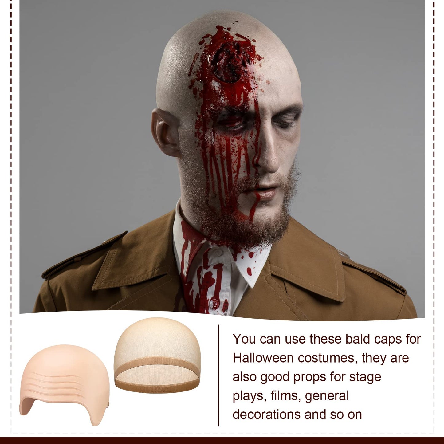 Syhood 2 Pieces Halloween Bald Cap Makeup Latex Bald Head Wig Caps Cosplay Costume for Adults(Beige,Medium)