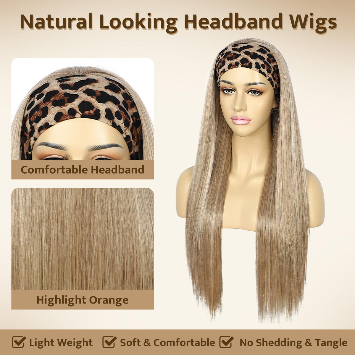 SAPPHIREWIGS Straight Headband Wigs for Women Long Straight Highlight Natural Blonde Synthetic Wigs Heat Resistant Natural Looki