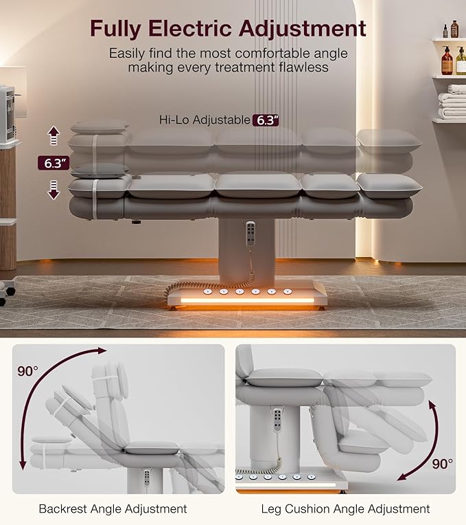 VARONXE Fully Electric Massage Table w/3 Motors, Professional Angle and Height Adjustable Spa Bed Facial Chair, Motorized Esthetician Bed Treatment Table for Beauty Salon, Grey