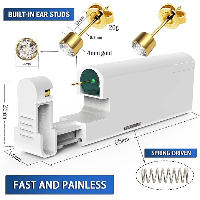 2Pcs Ear Piercing Kit Automatic And Painless Ear Nail Gun Disposable Aseptic Household Ear Piercing Gun Portable Ear Piercing Gun Group Ear Piercing Tools (4mm, Golden)