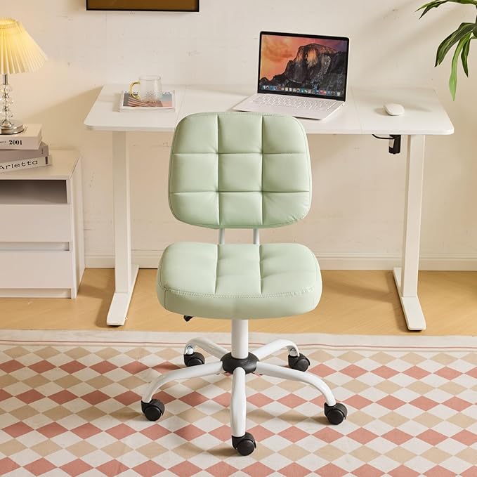 VINGLI Compact Small Desk Chair, Cute Armless Chair with Wheels, Vanity Chair with Low Back, Height Adjustable Task Chair for Small Spaces, Office, Bedroom, Make Up Room, PU Leather, Mint Green