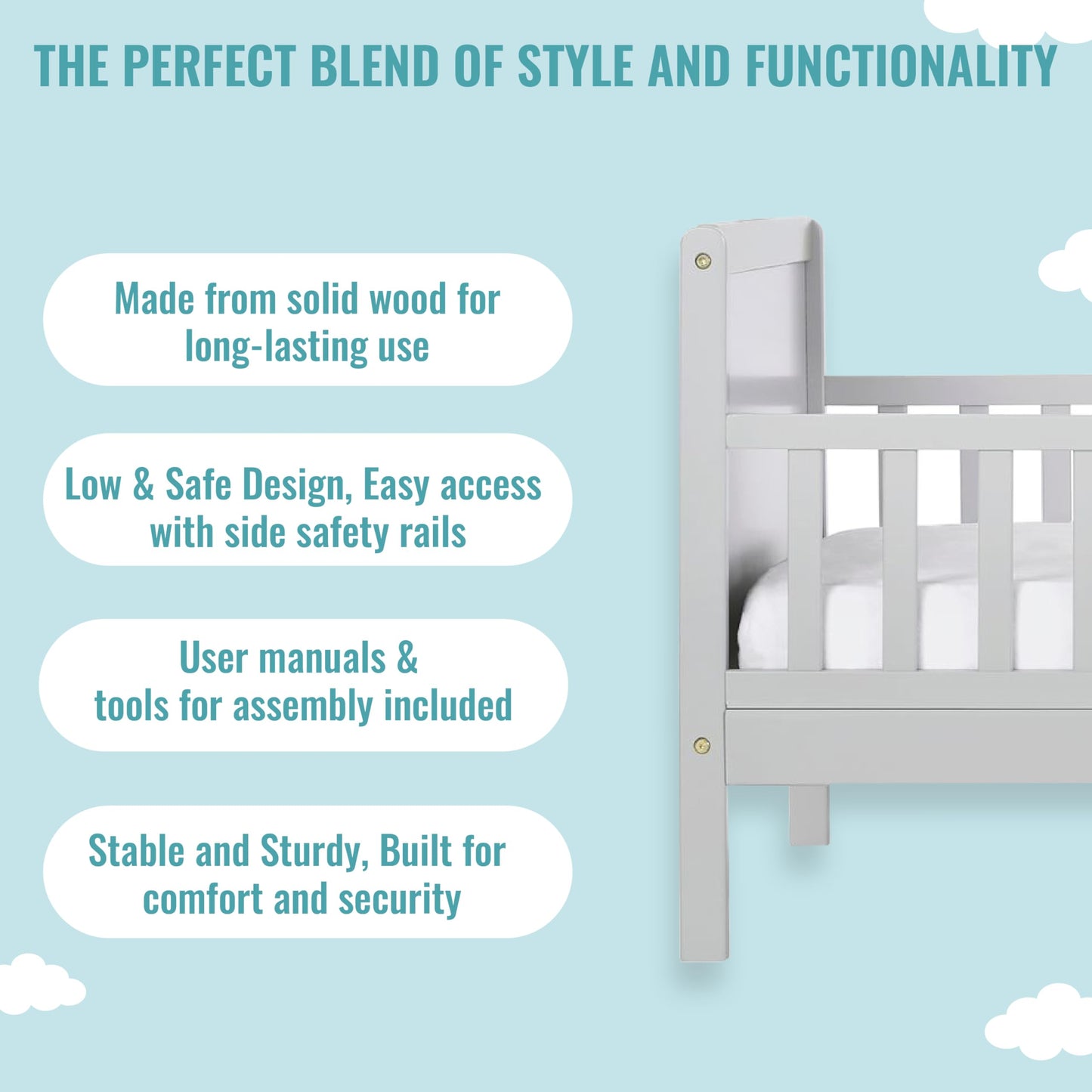Dream On Me Brookside Toddler Bed In Pebble Grey, Greenguard Gold /JPMA Certified, Low To Floor Design, Non-Toxic Finish, Safety Rails, Made Of Pinewood